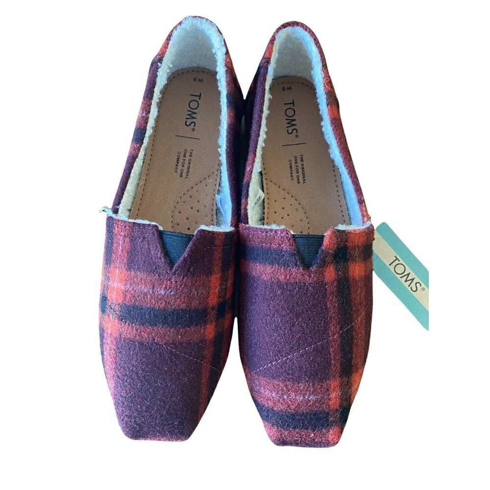 TOMS Women’s Sz 8 Belmont Red Plaid with Faux Shearling Slip On Shoes NWT